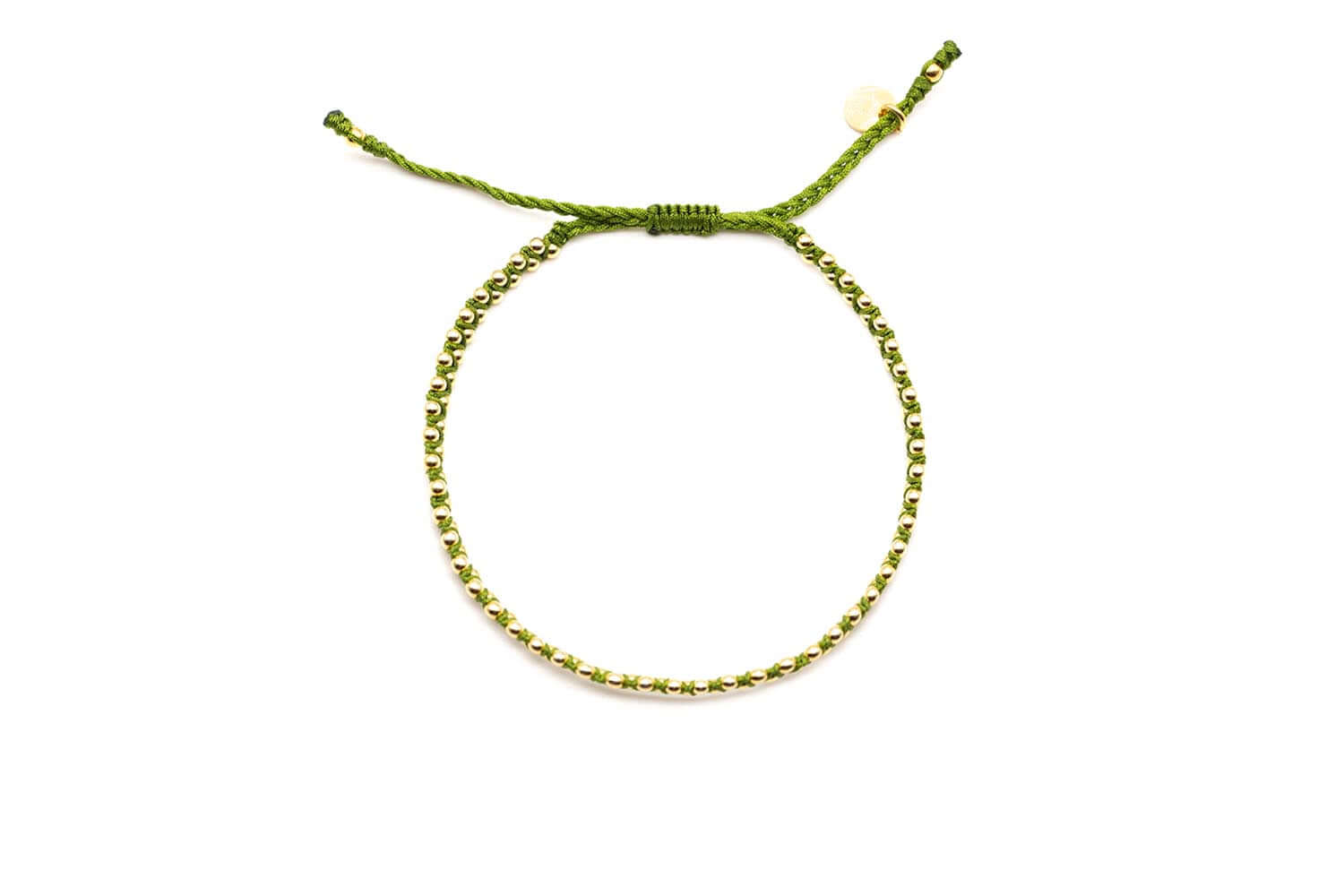 Geflochtenes Macramé-Armband in Grün mit vergoldeten Sterlingsilber-Perlen und Zugverschluss