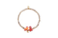 Armband auf Elastikband aus grauen Achatperlen mit rosa und orangefarbenen Tropfen und goldfarbenem Anhänger