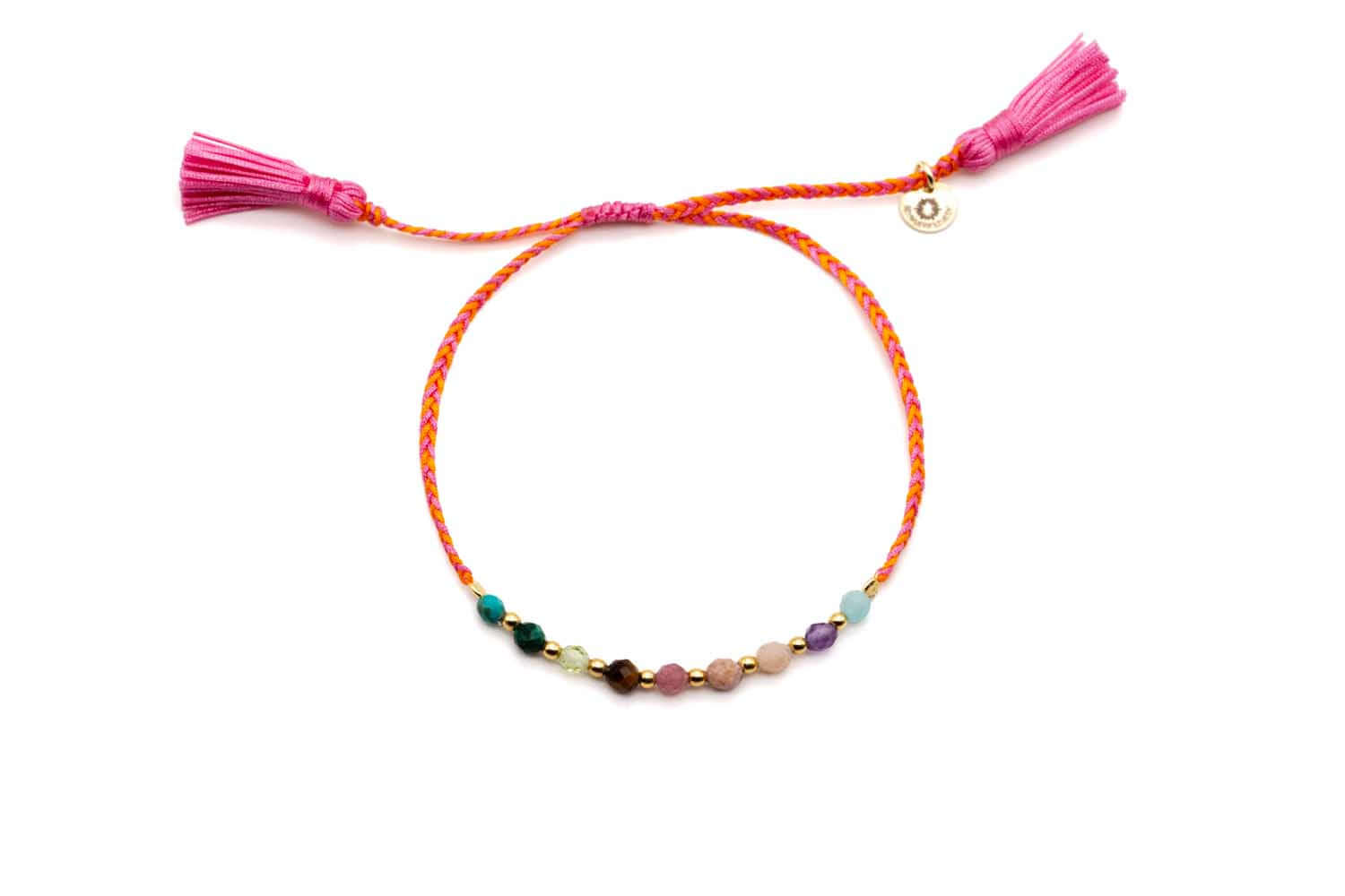 Geflochtenes pink-oranges Macramé-Armband mit bunten Edelsteinperlen und zwei rosa Quasten