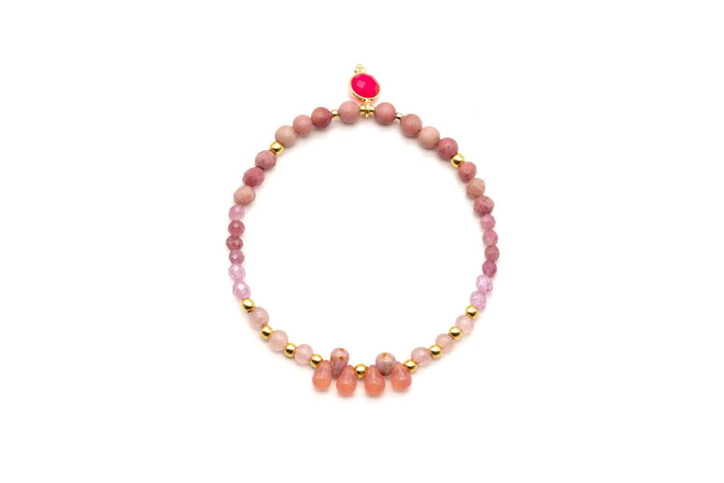 Elastikarmband mit rosa Rhodonit- und Rosenquarz-Perlen, Kristalltropfen und pinkem Chalcedon-Anhänger