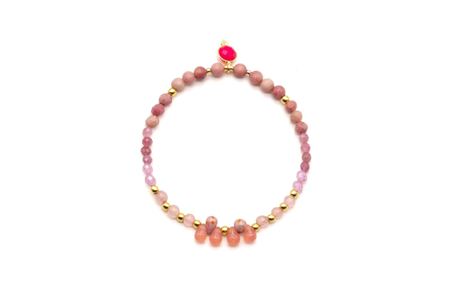 Elastikarmband mit rosa Rhodonit- und Rosenquarz-Perlen, Kristalltropfen und pinkem Chalcedon-Anhänger