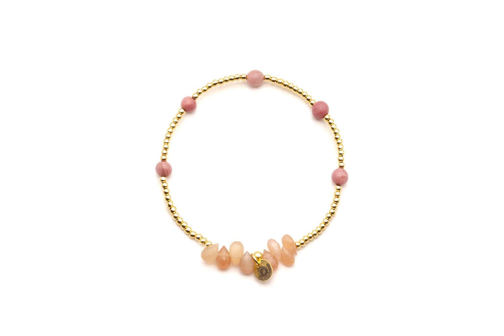 Elastik-Armband mit vergoldeten Perlen, rosa Perlen und pfirsichfarbenen Mondstein-Tropfen