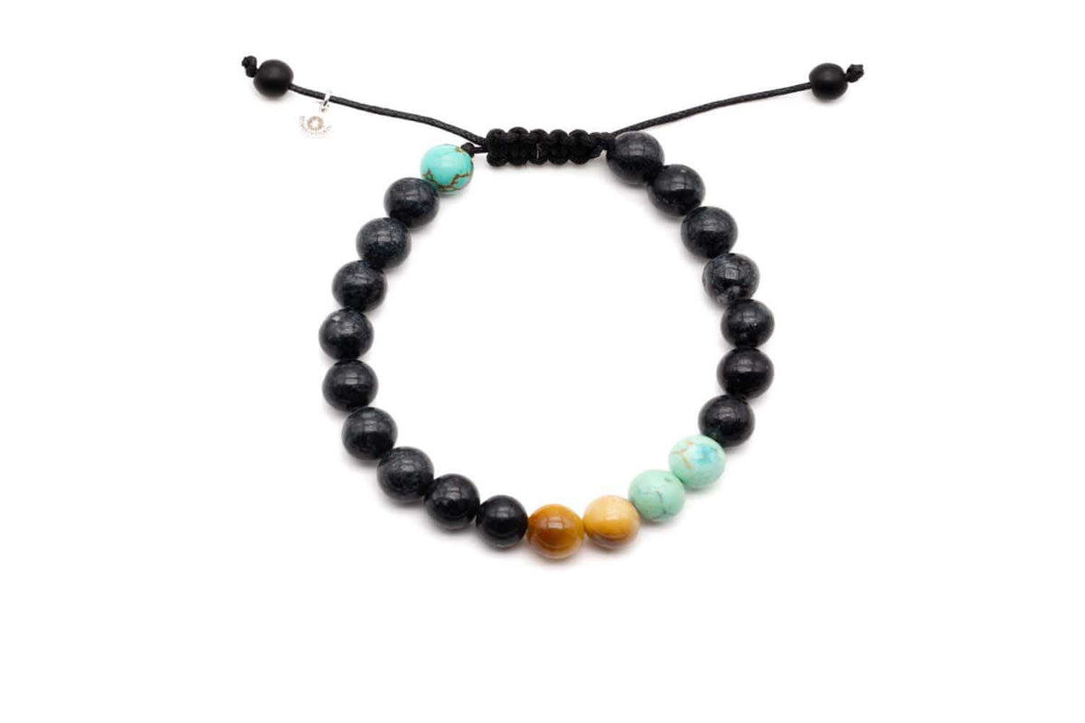 Macramé-Armband mit dunklen Dumortierit-Perlen und Akzenten aus Tigerauge und Türkis, verstellbarer Zugverschluss