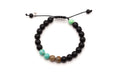 Macramé-Armband mit mattschwarzen Onyxperlen, türkisfarbenen und braunen Jaspisperlen, verstellbarer Zugverschluss