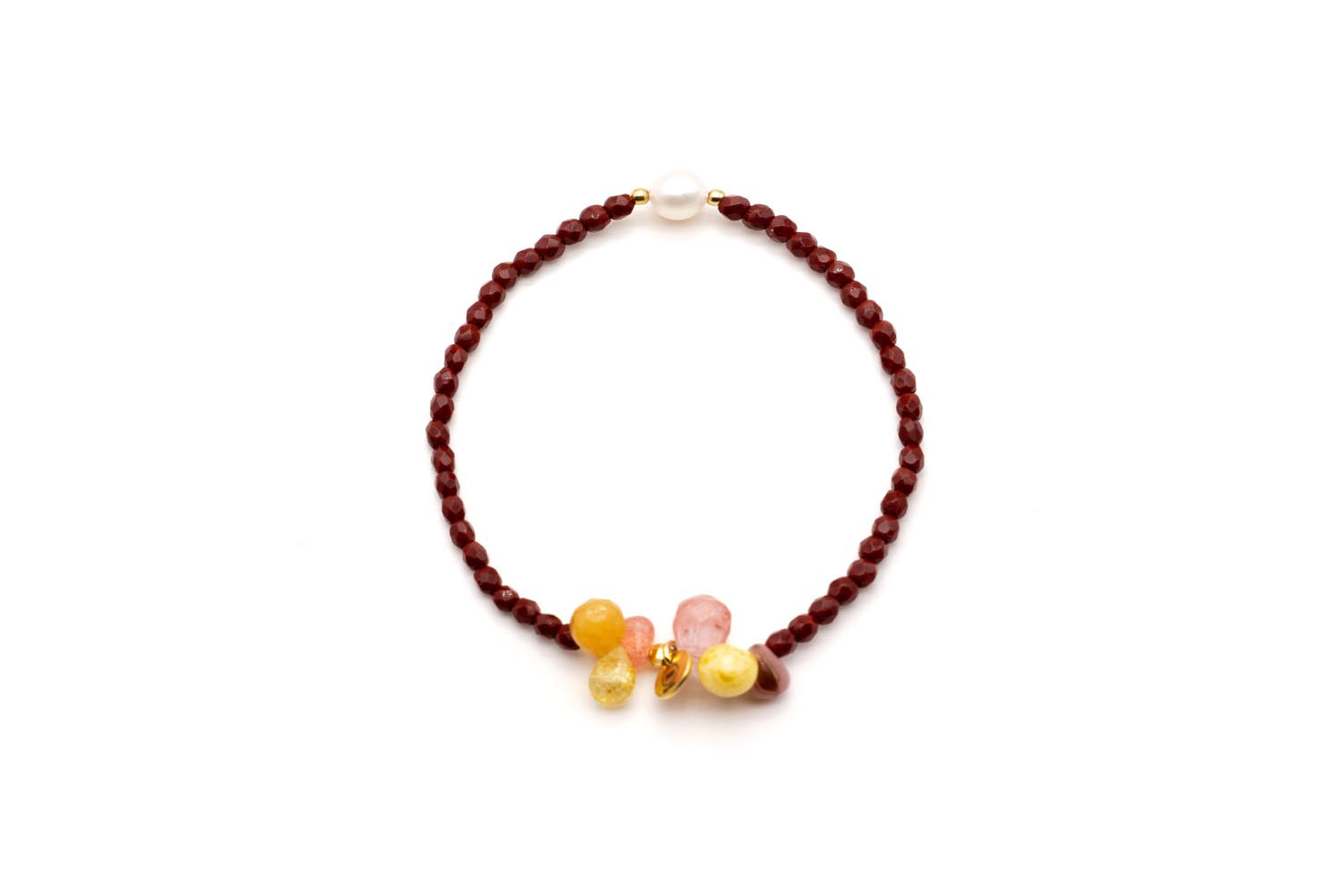Elastik-Armband aus dunkelroten Perlen mit weißer Süßwasserperle und Traube gelb-rosa Tropfen
