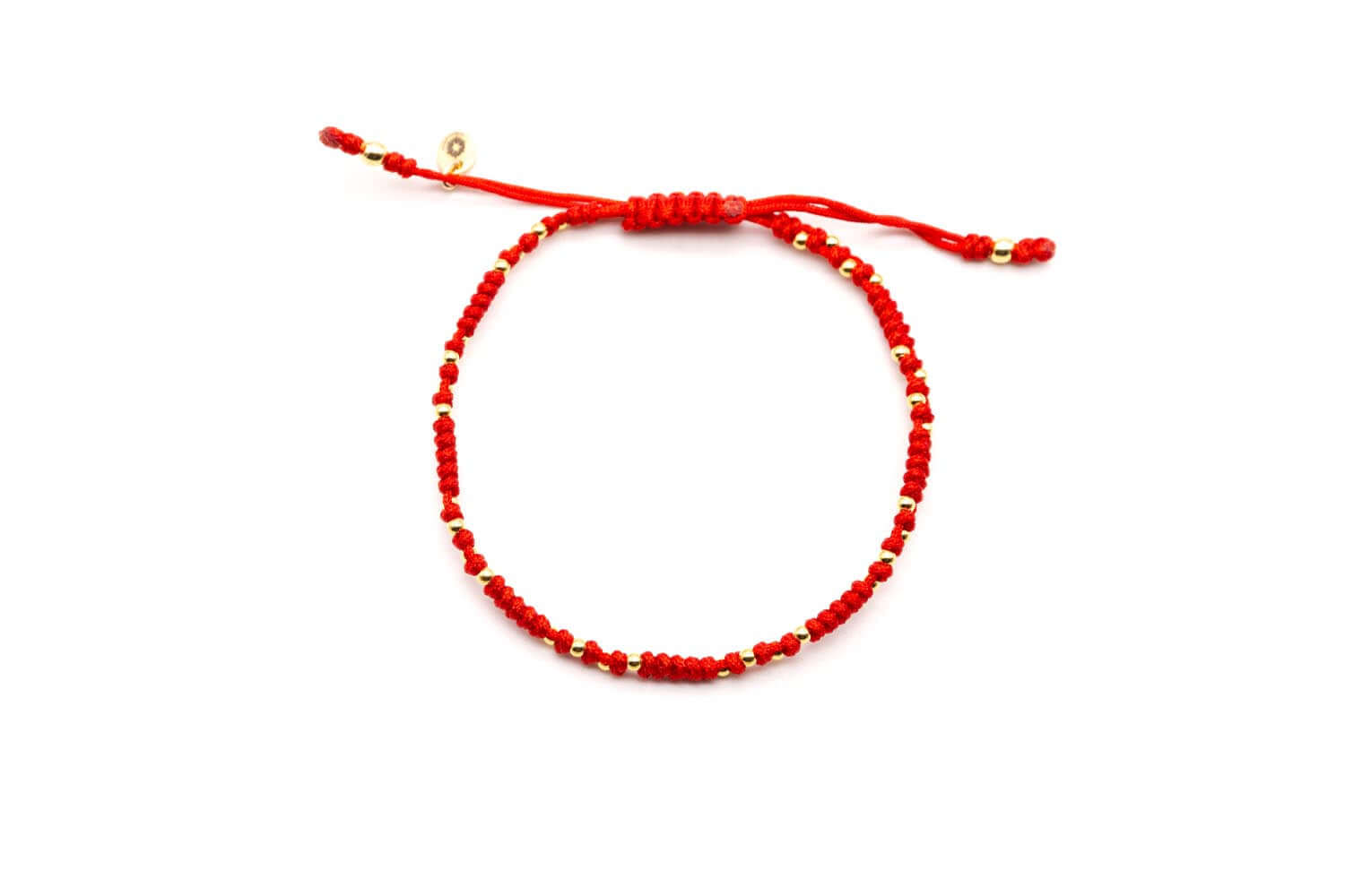 Rotes Macramé-Armband, geflochten, mit vielen kleinen vergoldeten Perlen und Zugverschluss