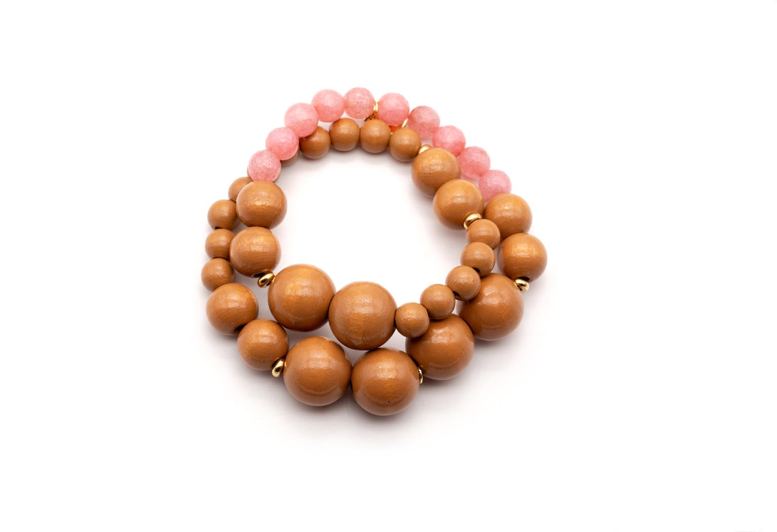 Doppel-Armband auf Elastikband mit karamellfarbenen Holzperlen, rosa Jade und vergoldeten Perlen