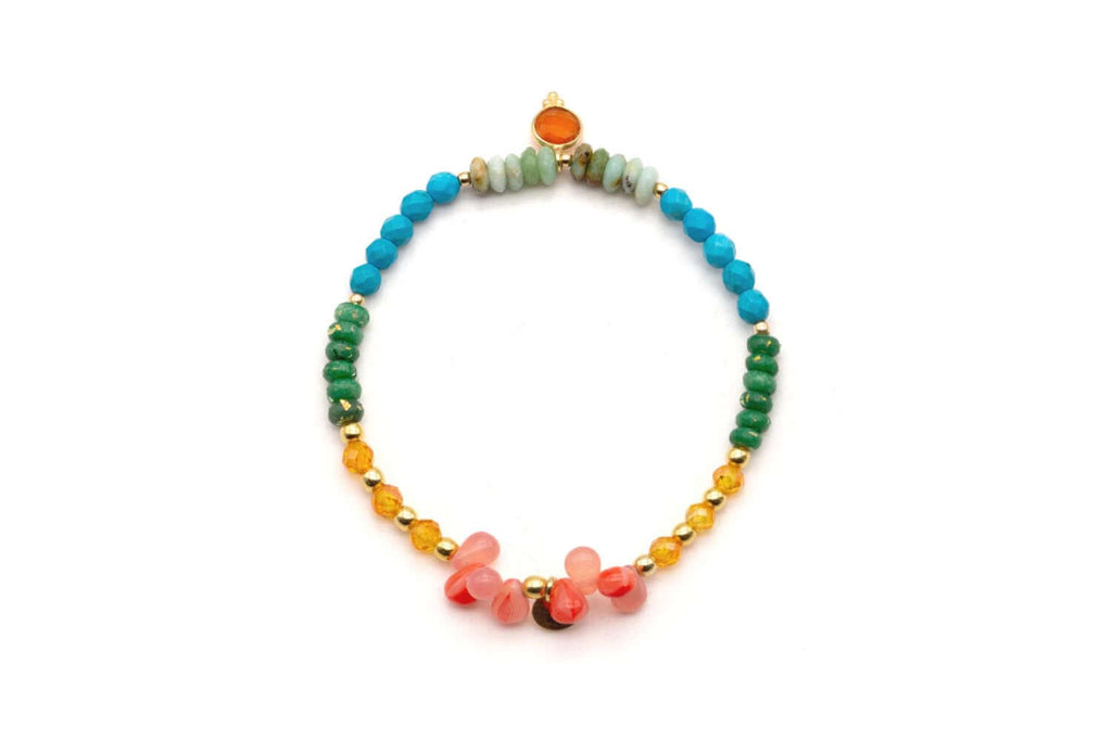 Elastik-Armband mit bunten Edelsteinperlen, rosa Tropfen und rundem orangefarbenem Karneol-Anhänger