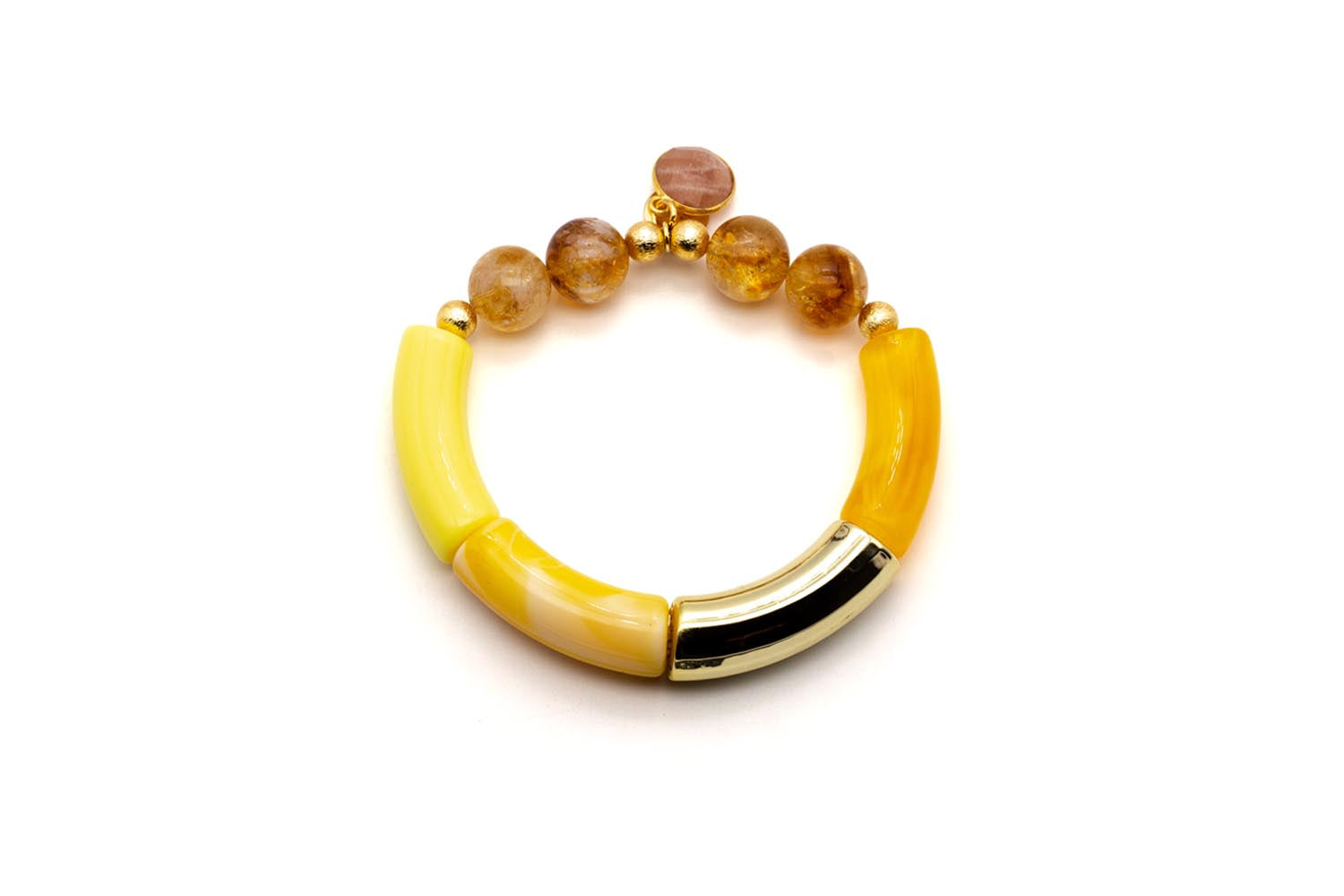 Armband auf Elastikband mit gelben Acrylröhren, Citrin-Perlen und rundem Edelstein-Anhänger