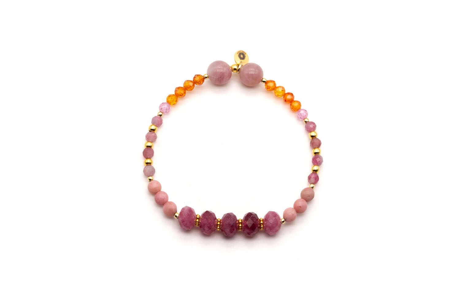 Armband auf Elastikband mit beeren- und lachsfarbenen Edelsteinperlen aus Jade und Rhodonit und vergoldeten Perlen