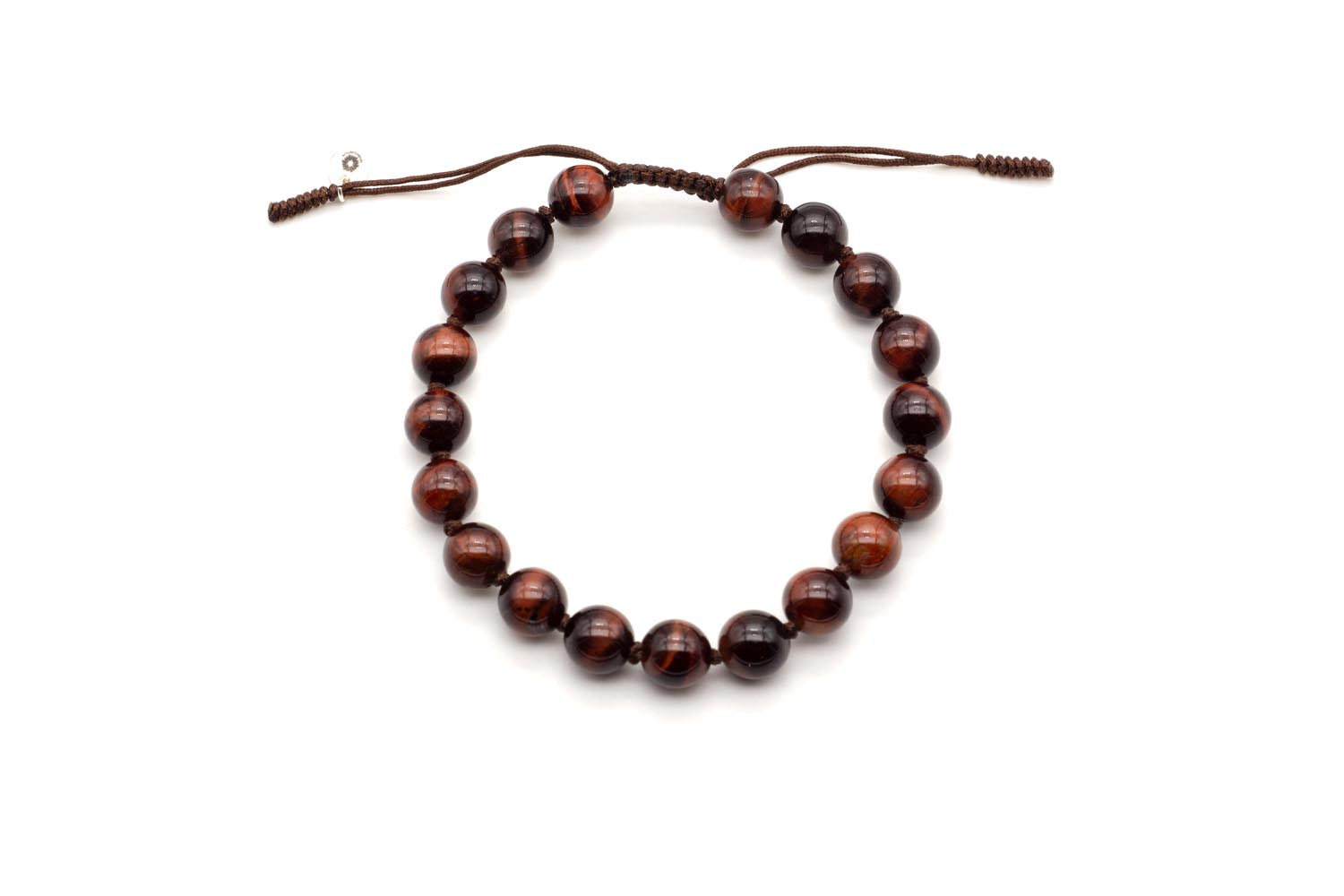 Geflochtenes Macramé-Armband mit rotbraunen Tigerauge-Perlen und Zugverschluss