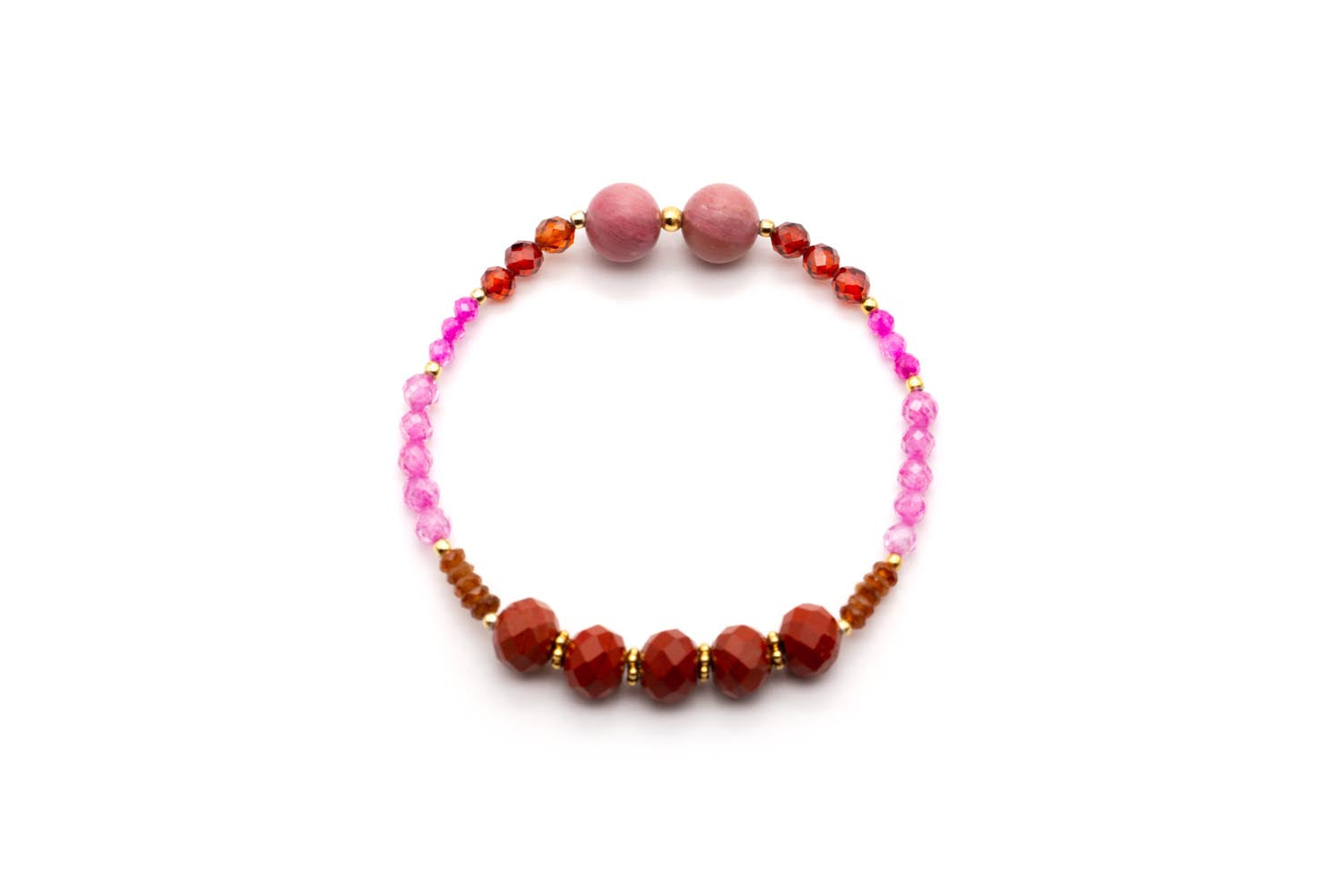 Armband auf Elastikband mit Edelsteinen in Rot, Rosa und Pink und vergoldeten Perlen