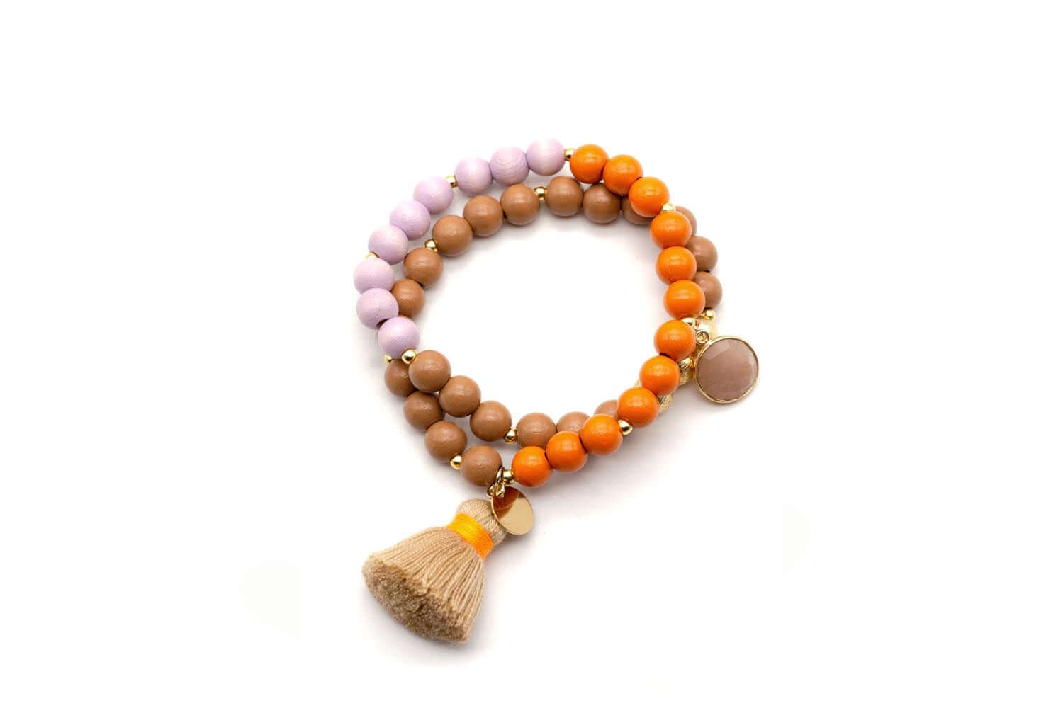 Doppeltes Mala-Armband auf Elastik mit Holzperlen in Braun, Flieder und Orange, Quaste und Edelsteinanhänger