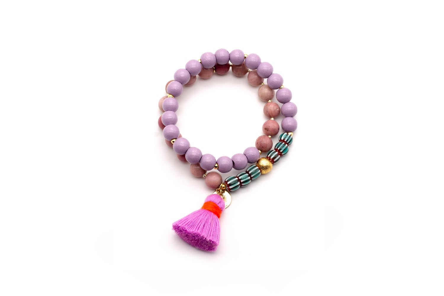 Doppelt gewickeltes Elastik-Armband aus fliederfarbenen Holzperlen und Rhodonit mit pinker Quaste
