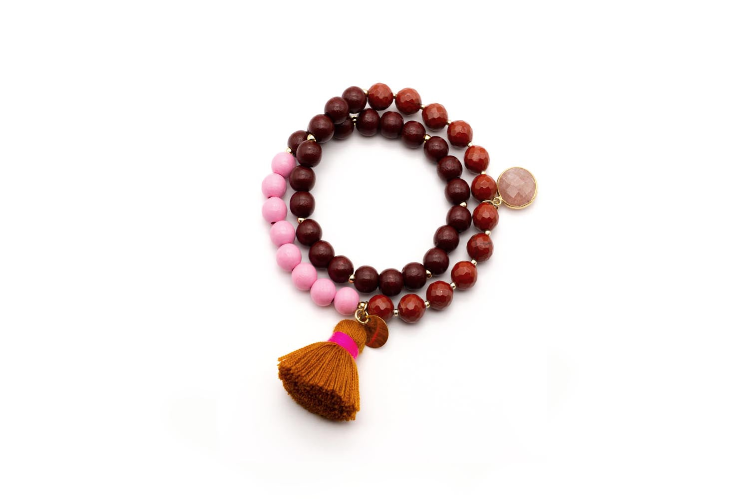 Doppel-Mala-Armband auf Elastikband mit dunkelroten und rosa Holzperlen, Jaspis, Quaste und rosafarbenem Edelstein-Anhänger