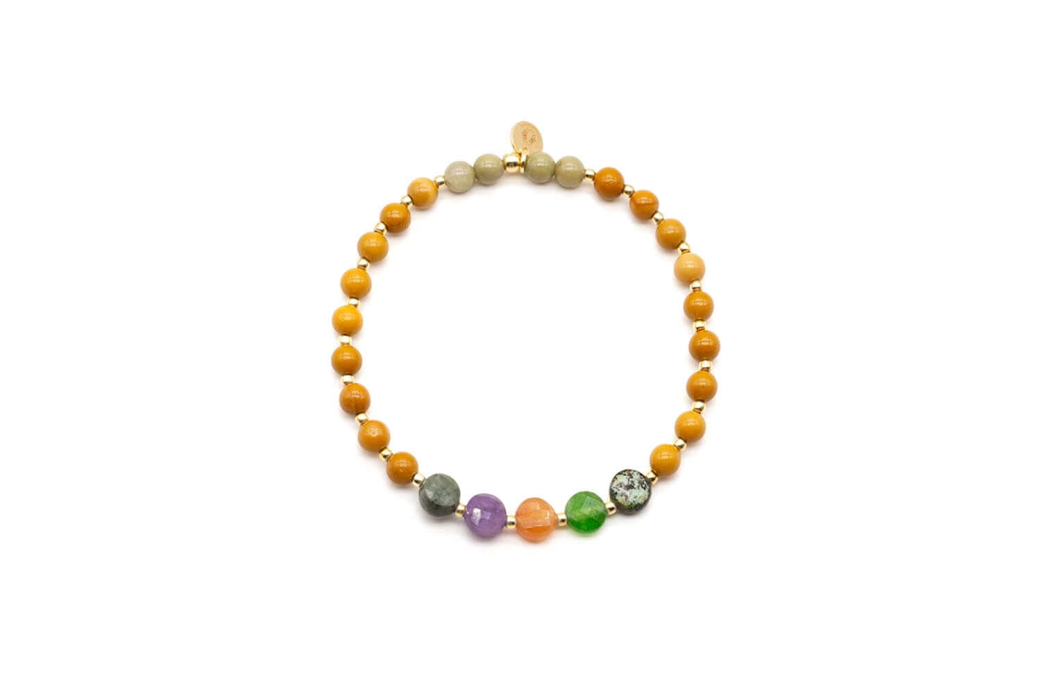 Elastik-Armband mit currygelben Edelsteinperlen und einer Reihe bunter Buttons in Grau, Violett, Orange und Grün