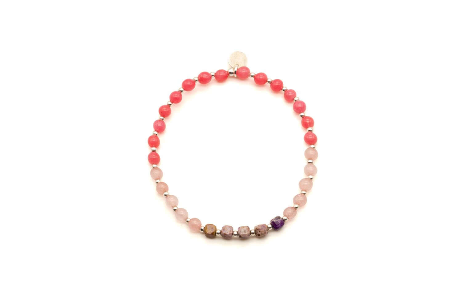 Armband auf Elastikband mit rosa und pinken Perlen, silbernen Zwischenperlen und facettierten Steinen