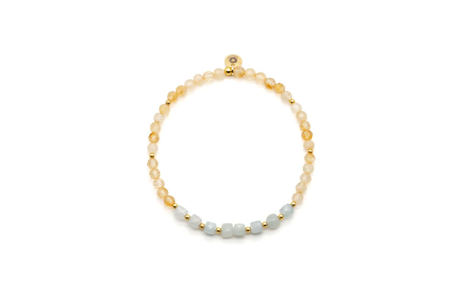 Armband auf Elastikband mit honigfarbenen Citrin-Perlen und hellblauen Aquamarinen sowie goldfarbenen Kügelchen