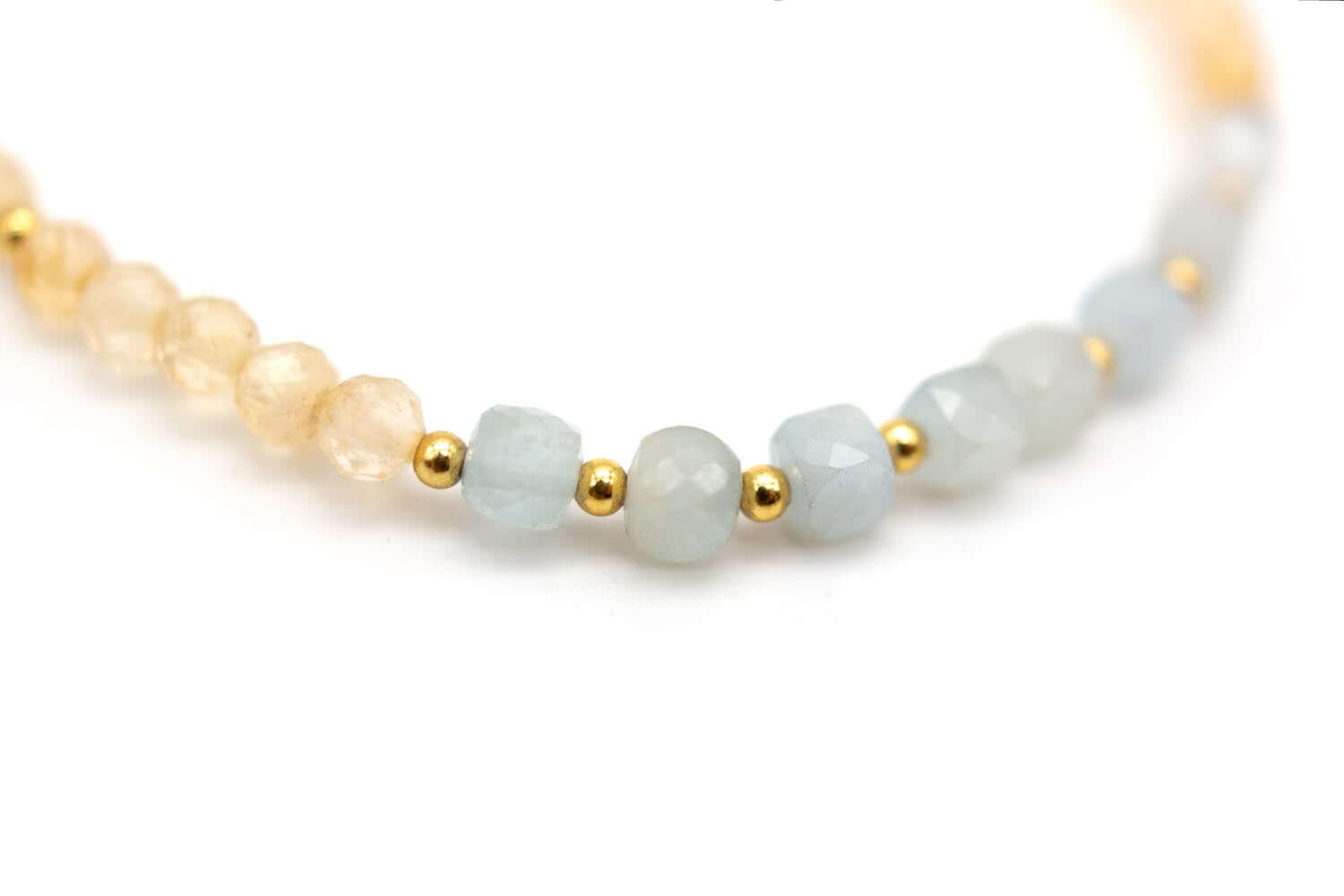 Detailaufnahme der facettierten Aquamarine zwischen Citrin und goldfarbenen Perlen