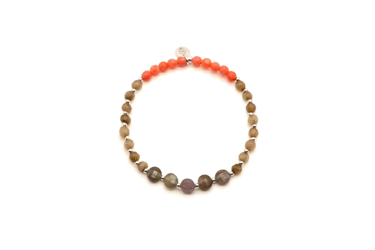 Armband auf Elastikband mit orangefarbenen und graubraunen facettierten Perlen aus Saphir und Achat sowie Sterlingsilber