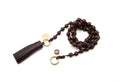Lange Handykette aus geflochtenem Nylon mit dunkelbraunen Holzperlen, Rauchquarz-Anhänger und Lederquaste