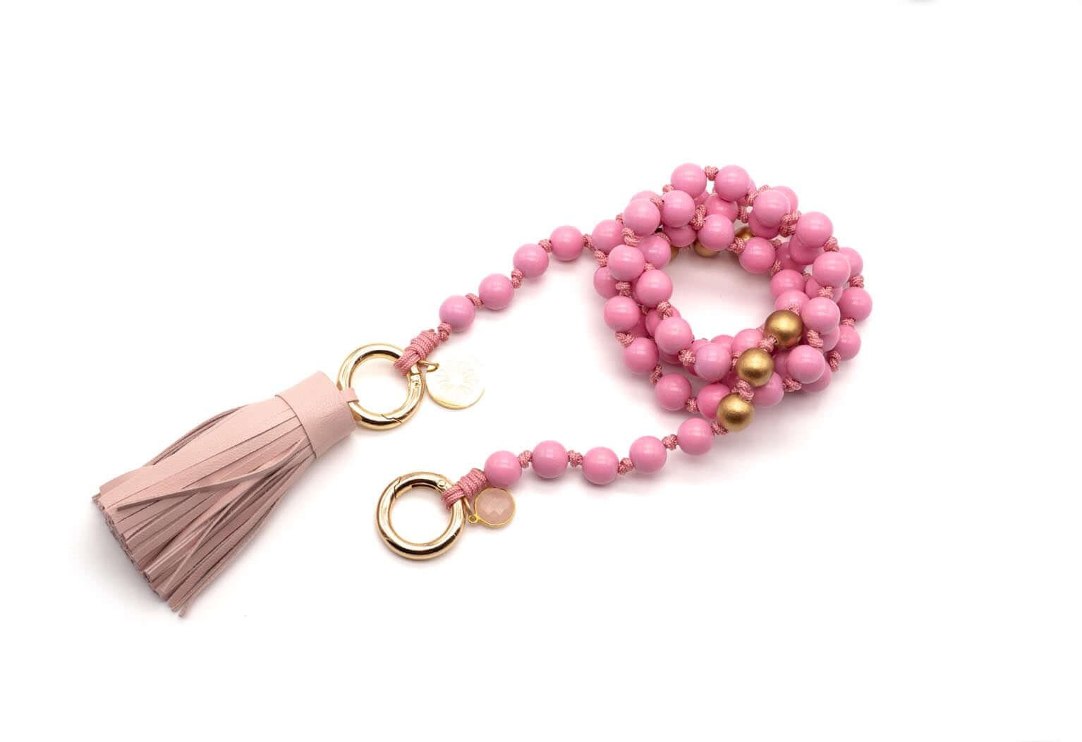 Lange Handykette aus rosa Holzperlen mit goldfarbenen Perlen, Rosenquarz-Anhänger und Quaste aus Nappaleder