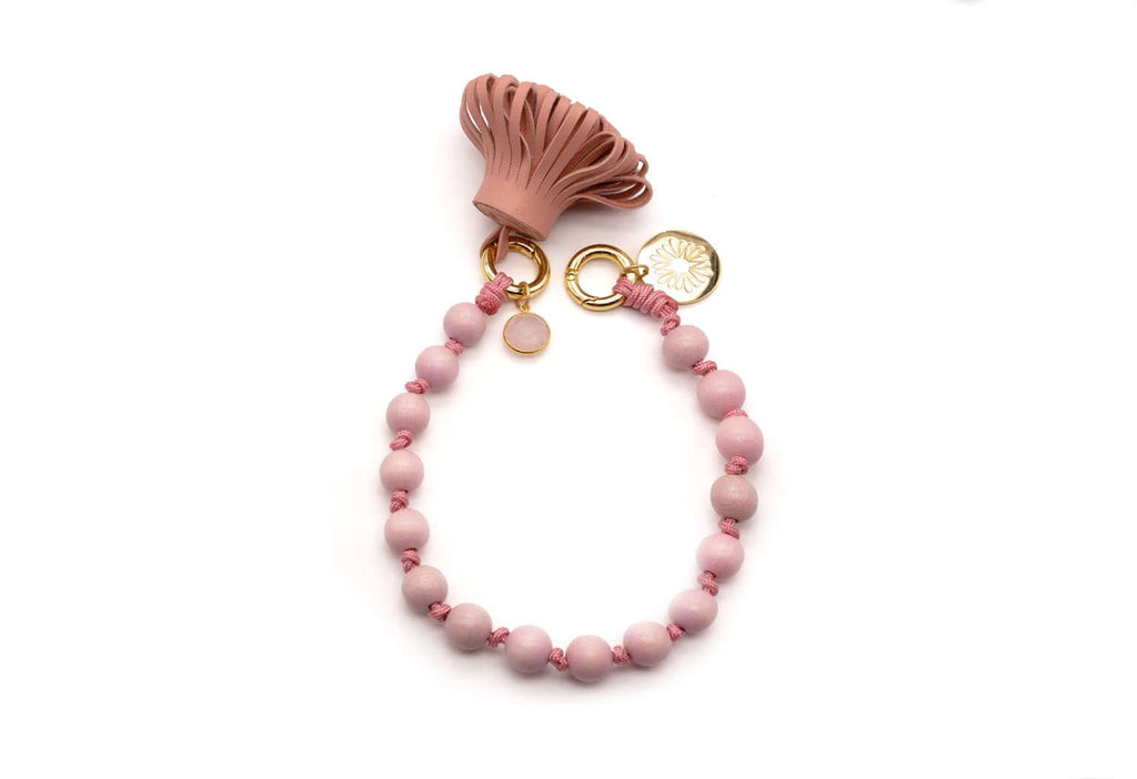 Handykette aus geflochtenem Nylon mit rosa Holzperlen, Rosenquarz-Anhänger und Quaste aus Nappaleder