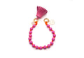 Handykette aus geflochtenem Nylon mit pinken Holzperlen, Nappaleder-Quaste und Rosenquarz-Anhänger