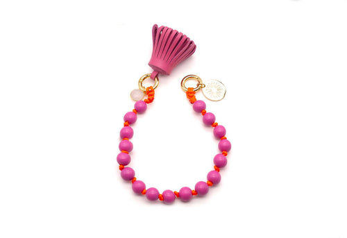 Handykette aus geflochtenem Nylon mit pinken Holzperlen, Nappaleder-Quaste und Rosenquarz-Anhänger