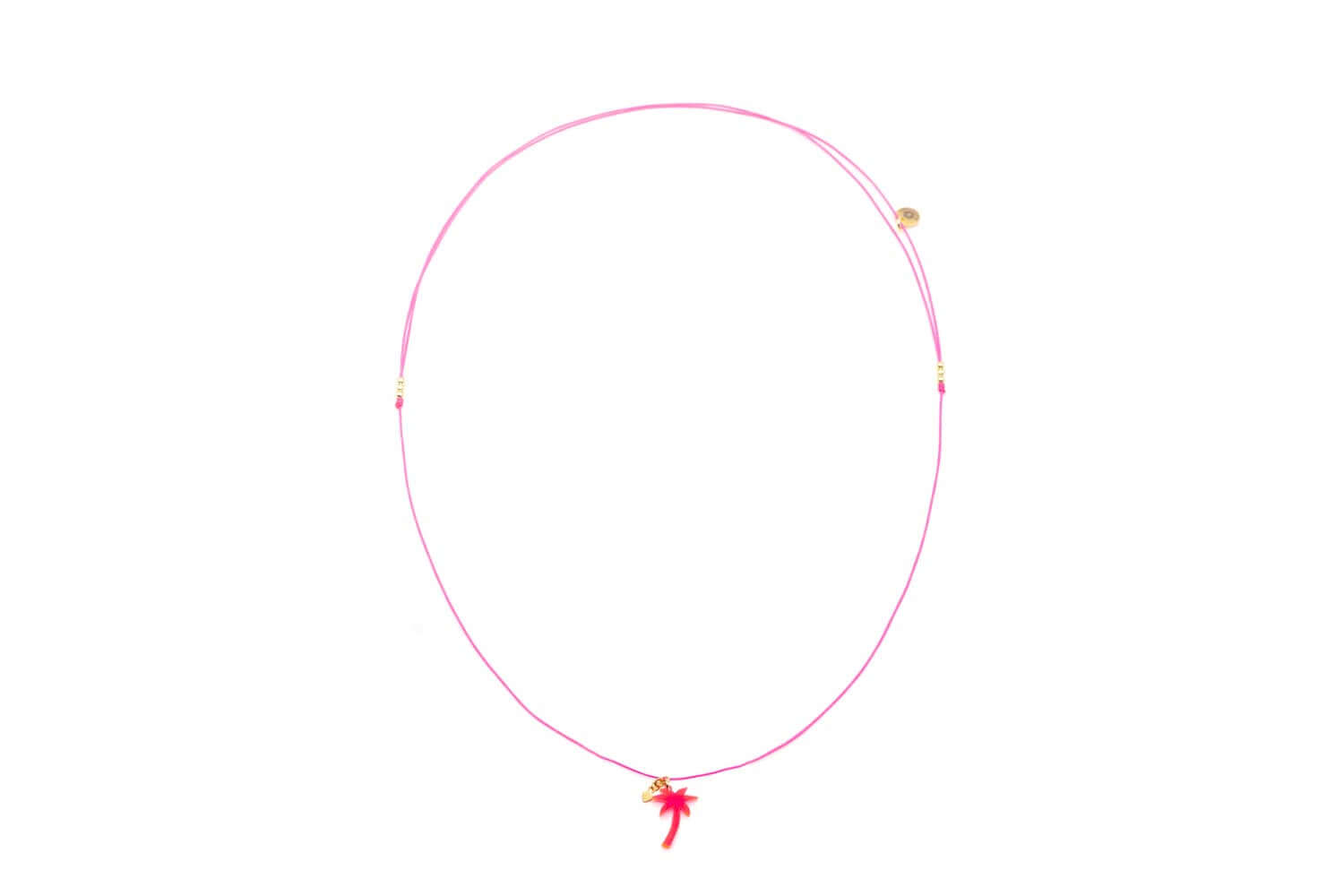 Choker aus pinker Nylonschnur mit pinkem Palmen-Anhänger und kleinem vergoldetem Herz