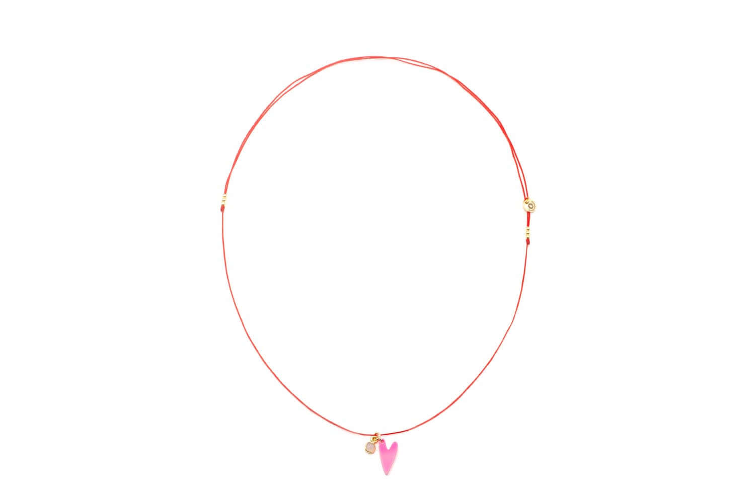 Rote Nylon-Choker mit rosa Herz-Anhänger aus Acryl und kleinem Rosenquarz-Anhänger