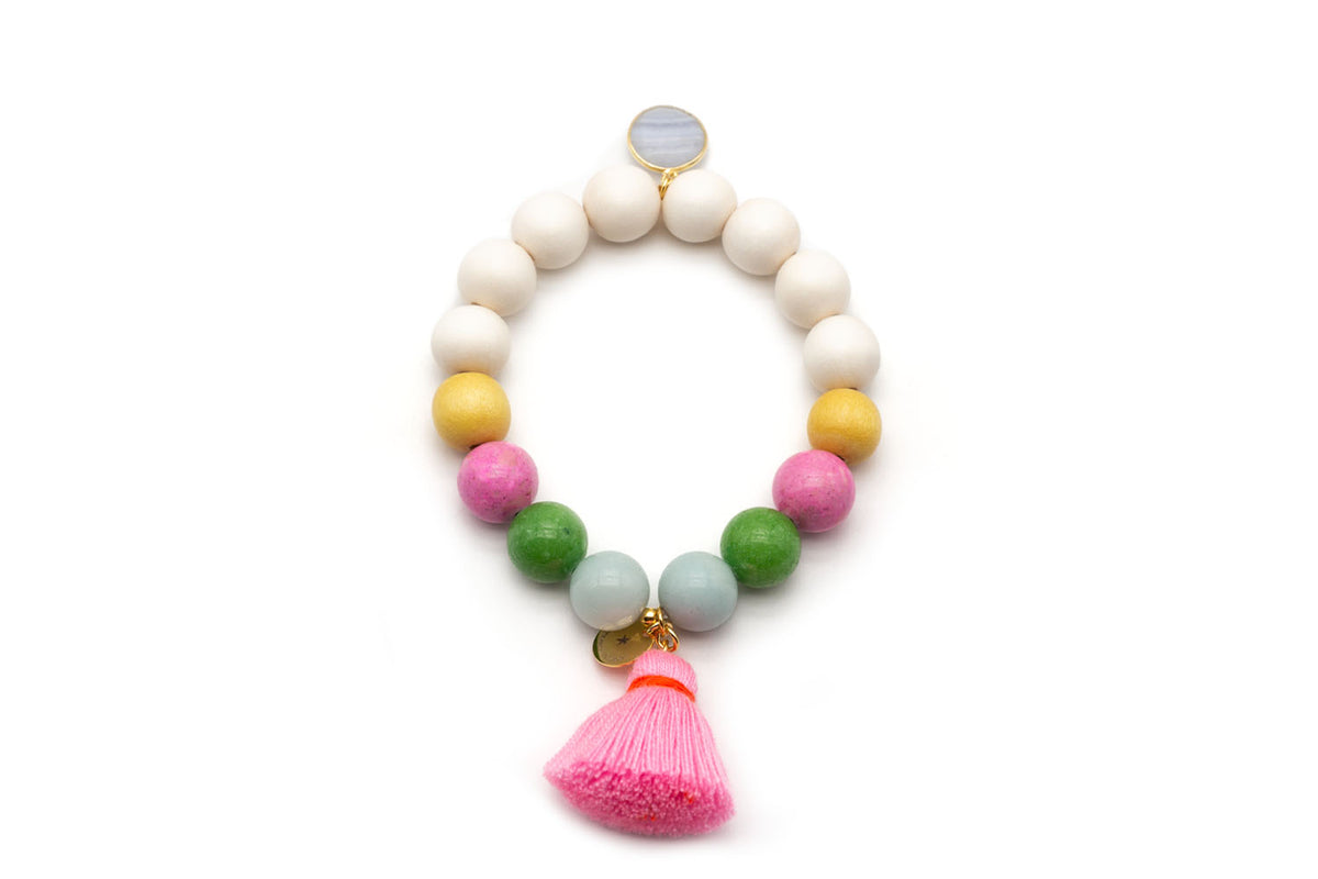 Edelstein Armband weiße Holzperlen Angelit Rhodonit Aventurin