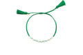 Grün geflochtenes Macramé-Armband mit Amazonit-Perlen, vergoldeten Kügelchen und zwei Quasten