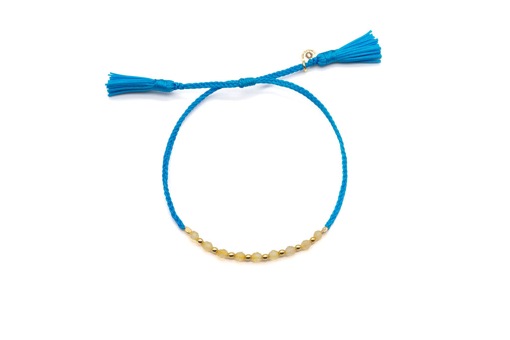 Blaues Macramé-Armband mit Citrin-Perlen und vergoldeten Kügelchen, Quasten zum Binden
