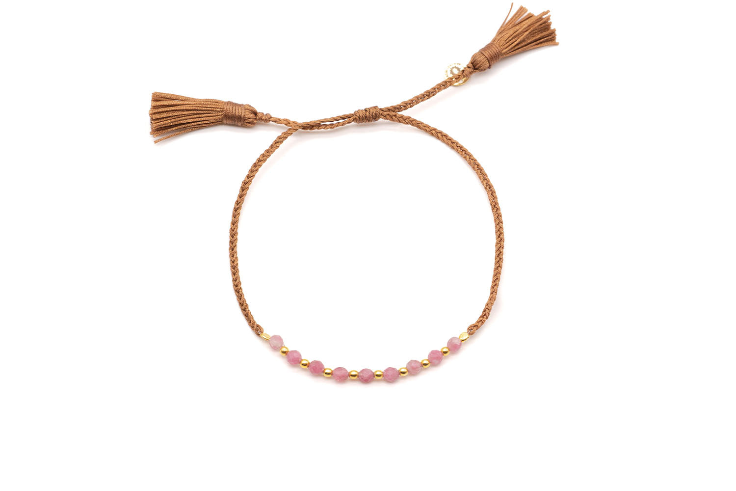 Geflochtenes Macramé-Armband in Braun mit rosa Turmalin-Perlen und vergoldeten Kugeln, mit Quasten zum Zuziehen