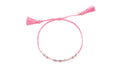 Rosa geflochtenes Macramé-Armband mit Amethyst-Perlen, goldfarbenen Perlen und zwei Quasten