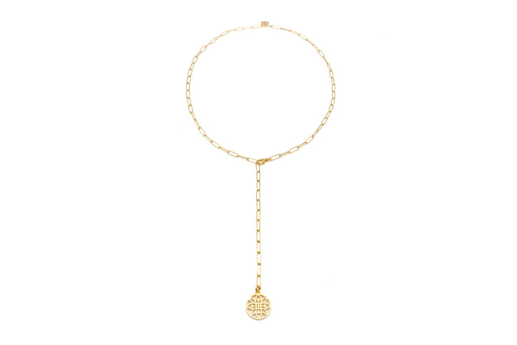 Y-Kette aus vergoldetem Sterlingsilber mit Gliederkette und rundem, floral durchbrochenem Anhänger