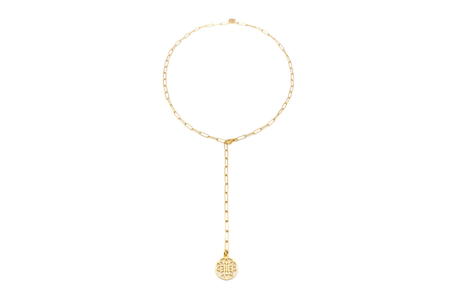 Y-Kette aus vergoldetem Sterlingsilber mit Gliederkette und rundem, floral durchbrochenem Anhänger