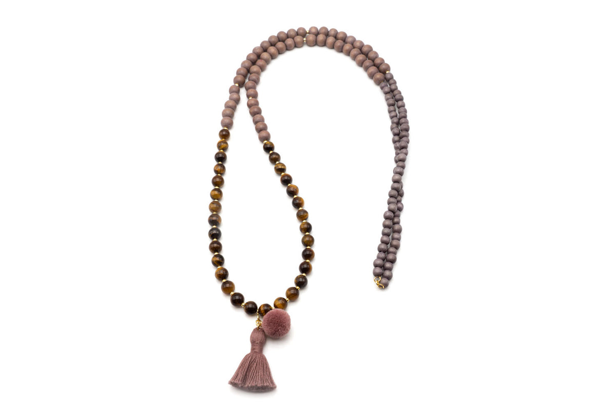 Halskette Boho lang Tigerauge braun Edelsteine Sterlingsilber lila Quaste