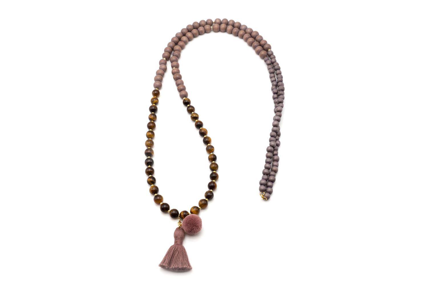 Halskette Boho lang Tigerauge braun Edelsteine Sterlingsilber lila Quaste