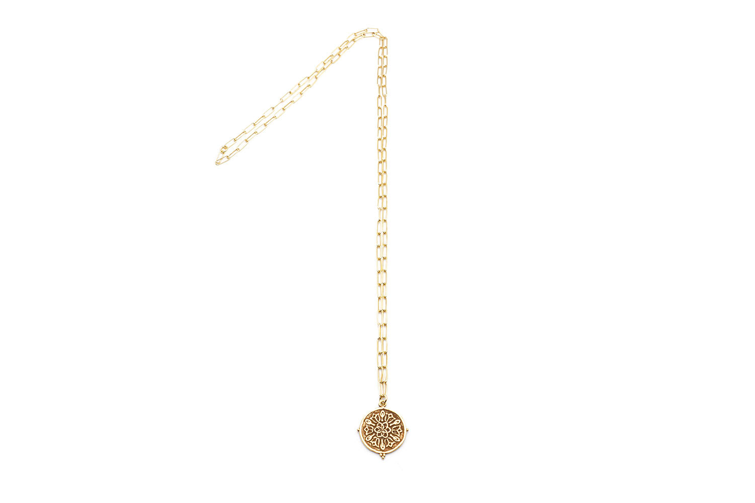 Vergoldete Gliederkette mit rundem Münzanhänger mit Blütenornament, ca. 55 cm