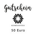 Geschenkgutschein über 50 Euro mit Blütenlogo, schwarze Schrift auf weißem Grund